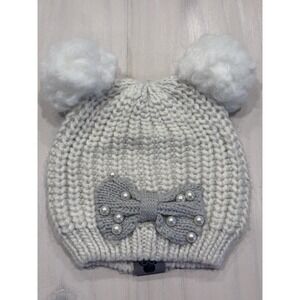 Disney Parks Adult Cream Knit Beanie Hat Faux Fur Pom Poms Bow One Size